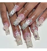 Long Press on Nails Coffin Fake Nails Pink Ombre False Nails with 3D Heart Butterfly Charms Desig...