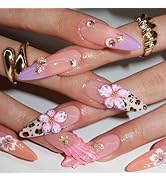 Handmade Press on Nails Long Almond Fake Nails with 3D Flower Water Ripple Pearl Designs Pink Fre...
