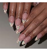 Medium Press on Nails Almond Shape Fake Nails White French Tip with Colorful Pearl Rhinestone Cha...