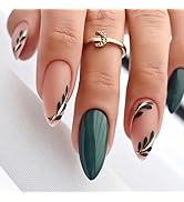 Gold Green Leaves Press on Nails Medium Almond Fake Nails with Spring Summer Nude Matte Designs F...