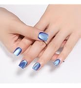 Blue Press on Nails Short Square Ice Blue Cat Eye Press on Nails Fashion Gel Fake Nails Reusable ...