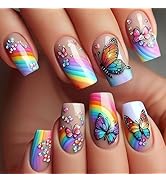 Rainbow Butterfly Press on Nails Medium Square Fake Nails Pink Smudge Design False Nails Glossy P...