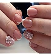 Summer Press On-Nails Short Square Nude Fake Nails with White French Tips Delicately Adorned with...