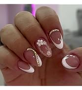 Spring Press on Nails Medium Almond Fake Nails with 3D Flower Rhinestones Pearl Designs Nude Nail...