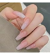 24Pcs Pink White Gradient Press on Nails Long Coffin Fake Nails Full Cover Nude Glossy Designs Ac...