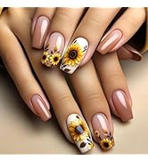 Sunflower Press-On Nails Medium Square False Nails Nude False Nails Bright Yellow Flower Pattern ...