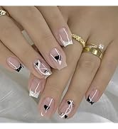 Short Press on Nails Square Fake Nails French Tip False Nails Valentine's Day Acrylic Nails with ...