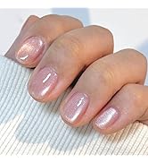 Pink Aurora Press on Nails Short Oval Handmade Gel pink Fake Nails Sparkling Glue on Nails Stick ...