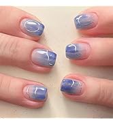 Short Square Press On Nails blue Nude Gradient False Nails with Silver Streaks Acrylic Press in N...
