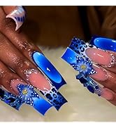 MISUD Press on Nails - Extra Long Curved Fake Nails with Handmade Blue Flower, Acrylic Cheetah De...