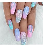 Coffin Press on Nails Medium Fake Nails Colorful Gradient Nails Press ons Glitter Glue on Nails C...