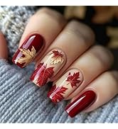 Red Maple Leaf Press on Nails 24Pcs Thanksgiving Press ons Fingernails Glossy Yellow Medium Squar...