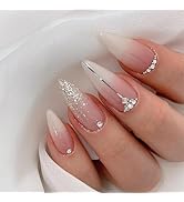 24 Pcs Almond Press on Nails Medium Fake Nails with Designs Pink French Tip Acrylic Nails Glue on...
