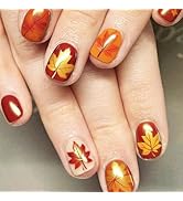 Thanksgiving Press ons Fingernails 24Pcs Maple Leaf Press on Nails Glossy Gold Glitter Short Squa...