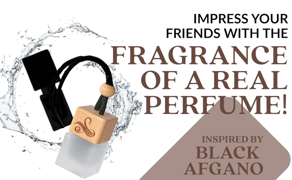 Perfume advertisement featuring a black bottle and a beige bottle with water splash. Text reads 'Impress your friends with the fragrance of a real perfume!'