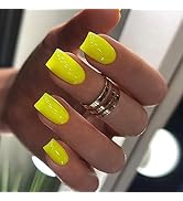 Square Press on Nails Medium Length Fake Nails Yellow Acrylic Nails Glossy False Nails with Desig...