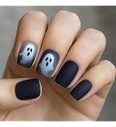 24Pcs Short Square Press on Nails Halloween Fake Nails Matte Black False Nails with Scary Ghost D...