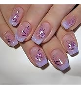 24 Pcs Purple Square Press on Nails Short Fake Nails Glitter French Tip False Nails Acrylic Nails...
