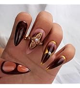 Elegant Gold and Burgundy Press-On Nails with Flower Design, Stiletto Shape, Rhinestone Accents, ...