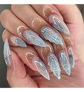 3D Shell Press On Nails – 24PCS Medium Almond White Iridescent Fake Nails with Rhinestones, Silve...