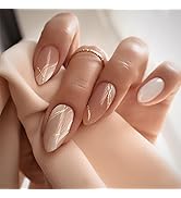 Almond Press on Nails Nude White Fake Nails Glitter Gold Line Design Stick on Nails Medium False ...