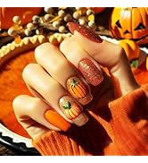 24Pcs Pumpkin Press on Nails Thanksgiving Press ons Fingernails Halloween Gel Glue on Acrylic Fak...
