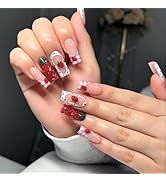 24Pcs 3D Strawberry Press on Nails Square Long Fake Nails Cute French Tip False Nails with Strawb...
