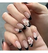 Black French Tip Press on Nails Medium Almond Fake Nails with Flower Designs Nude Nails Press ons...