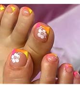 Short Square Press on Toenails Colorful French Tip Fake Nails with White Flower Pattern Design Gl...
