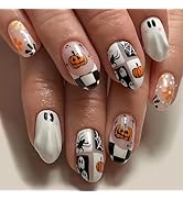 Halloween Press on Nails Short Almond Fake Nails with Design 3D Drip Gel Glue on False Nails Oval...