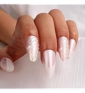 3D Pearl French Press On Nails Almond Medium Nude Pink & White Acrylic Fake Nails with Sculpted D...