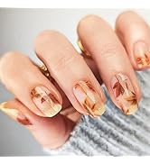 24Pcs Maple Leaf Press on Nails Fall Leaves Press ons Fingernail Thanksgiving Stick on Nail Gloss...