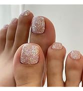 24Pcs Nude Glitter Press on Toenails Short Square Fake Toenails Glue-Free False Toenails with Gli...