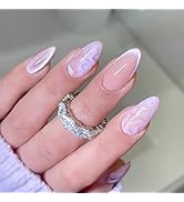 24Pcs Glitter Marble Press on Nails Medium French Tip Fake Nails Nude False Nails with Purple Spa...