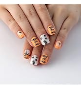 Halloween Short Press on Nails Square – Trick or Treat Nails, Gothic Black, White & Orange Fake N...