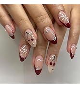 24Pcs Red French Tip Press on Nails Medium Almond Fake Nails with Red Cherry Bow Designs Glossy F...