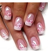 Press on Nails Medium Square Fake Nails Pink False Nails with Flower Design Glue on Nails Glossy ...