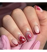 Press on Nails Short Square Fake Nails Red French Tip False Nails with Flower Design Glue on Nail...