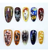 30Pcs Handmade Acrylic Press on Nails Medium Almond Fake Nails with Ghost Bat Spider Pumpkin Mush...