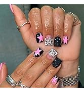 Black Press on Nails Short Square Fake Nails with Design Pink Star French Tip False Nails Artific...