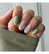 Short Oval Press On Nails green Pink False Nails with Flowe Finish Fashion Glossy Acrylic Press o...
