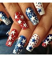 4th of July Long Press on Nails Independence Day Square Fake Nails with Red Blue White Star Glitt...