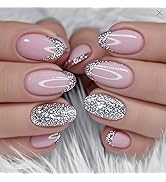 Silver Glitter French Press Nails Short Almond False Nails Glitter French Pink Full Cover Gloss R...