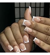 White French Tip Heart Press on Nails Medium Square Fake Nails Cute Heart Acrylic False Nails Glo...