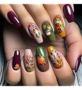 24Pcs Fall Medium Coffin Press on Nails Fall Fake Nails Thanksgiving False Nails with Pumpkin Aco...
