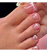 24Pcs French Tips Press on Toenails Short Nude Pink Glitter Fake Toe Nails Square Shape False Toe...