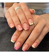 Yellow French Tip Press on Nails Shor Square Fake Nails Pink False Nails with Colored Flowers Des...