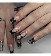 24 Pcs Nude Pink Press on Nails Medium Square - YEFIUO Black French Fake Nails Press ons Fall Win...