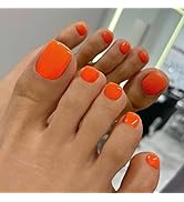 Solid Color Orange Press on Toenails for Women, Glossy Fake Toenail Press ons Short Square Acryli...