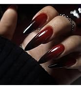 MISUD Press on Nails - Long Stiletto Glue on Nails with Gothic Red Black, Acrylic Goth Vampire De...